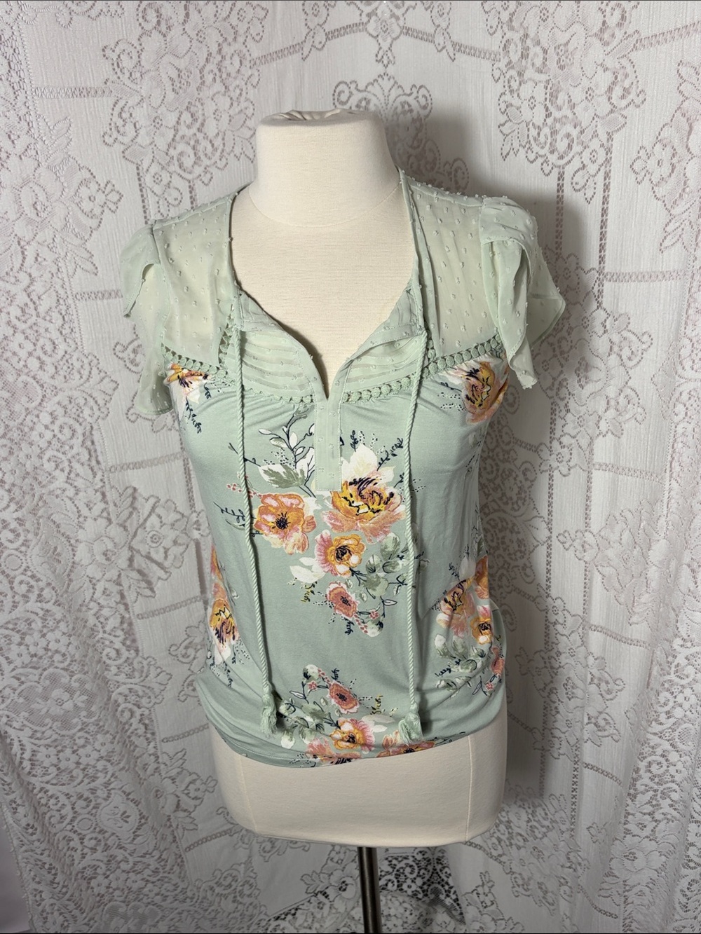 Mint Floral Short Sleeve Blouse with Tie Front